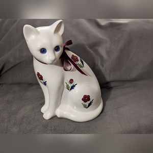 Elpa Alcobaca Portugal White Ceramic Painted Spring Flowers Blue Jewel Eyes Cat